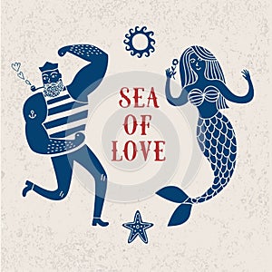 Sea cartoon illustration with sailor and mermaid