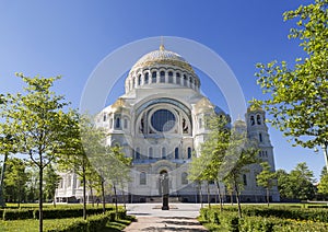 Sea Cathedral of St. Nicholas with a monument to the famous Russian admiral Fyodor Ushakov in the foreground in Kronstadt, St. Pet