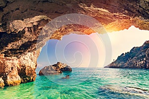 Sea cave in Zakynthos, Greece. Ionian sea. Xigia beach