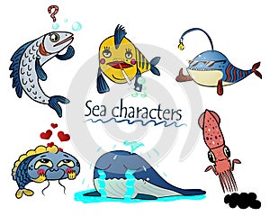 Sea characters vector, squid, fish, whale crying, fish with emotions, characters for comic book, for stickers.