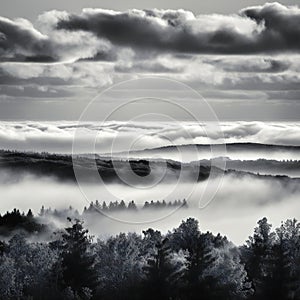Sea of clouds over the forest in black and white, nature, clouds and skies