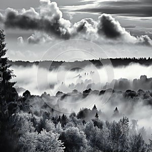 Sea of clouds over the forest in black and white, nature, clouds and skies