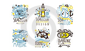 Sea Club Label Original Design with Yacht, Sea Fish and Lighthouse Vector Set