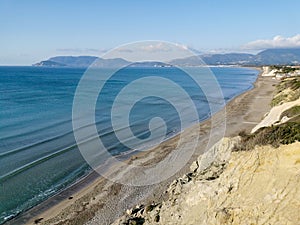 Sea coast on Lagana Bay Zakynthos island. Famous nesting beach careta careta turtles. Beautiful sea shore with grey sand