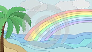 Sea coast, rainbow in the sky. Background for presentation and web design. Vector. Paper cut style.