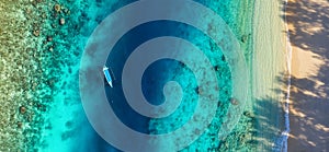 Sea coast, reef and boat as a background from top view. Turquoise water background from top view. Panoramic seascape from air. Bal