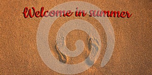 Sea coast sand background beach human foot prints on a ground and text Welcome in summer vacation season wallpaper poster concept