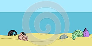 Sea coast with sand, ocean landscape. Beach view cartoon style with large seashells on the ground.