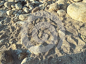 Sea coast. on the shore among the sand lie stones washed by water. fine sand for walking along the beach. beauty of the sea world