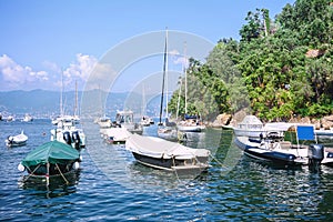 The  sea coastline  with  luxury boats and yacht  in picturesque harbor in Portofino, Liguria, Italy
