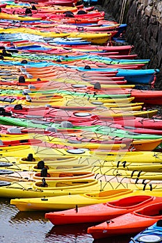 A sea of colorful kayaks in the tourist town of Rockport, Massachusetts.