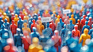 A sea of colorful miniatures promoting voting. Small figurines carrying VOTE banners amidst a multitude. Concept of