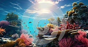sea colourful reef and coral underwater, life under blue ocean water, colorful undersea, multicolored image