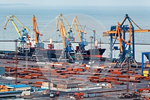 Sea commercial port at night in Mariupol, Ukraine before the war