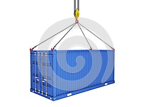 Sea container lifted with crane hooks
