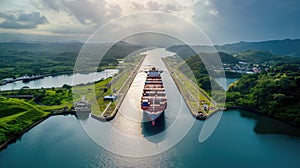 A sea container ship sails through the Panama Canal