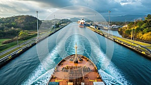 A sea container ship sails through the Panama Canal