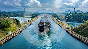 A sea container ship sails through the Panama Canal