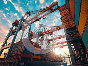 A sea container ship is unloaded at the port