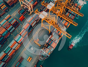 A sea container ship is unloaded at the port