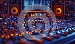 A sea of control knobs and faders, illuminated in a mesmerizing blue and orange glow