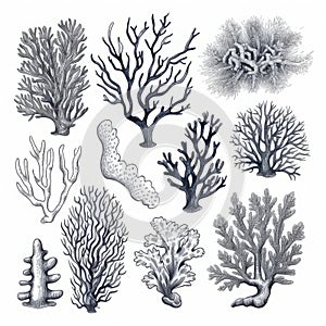 sea corals and seaweed black silhouette set isolated. Generated AI