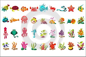 Sea creature big set, colorful cartoon ocean animals, plants and fishes vector Illustrations on a white background photo