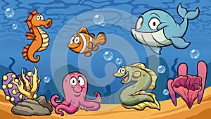 Happy Cartoon sea creatures with background