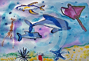 Sea creatures painted by child