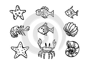 Sea creatures line art, fish, shell crabs, star-fish illustrations