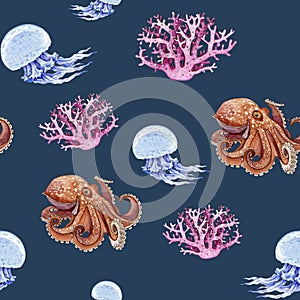 Sea creatures seamless pattern illustration. Hand drawn octopus, jellyfish, coral watercolor illustration wallpaper