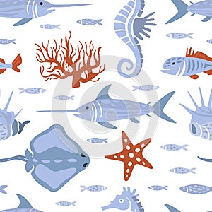 Sea Creatures Seamless Pattern, Underwater Life, Marine Fishes Design Element Can Be Used for Wallpaper, Packaging