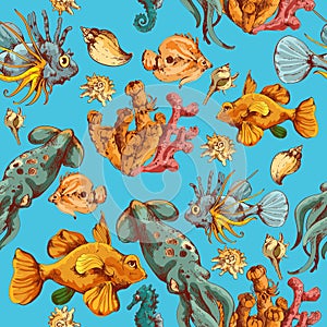 Sea creatures sketch colored seamless pattern