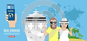 Sea cruise. Journey of young couple concept design flat banner