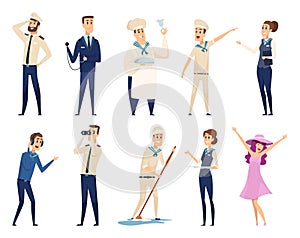 Sea cruise. Sailing captain shipping officer navigating crew ocean travel team vector characters