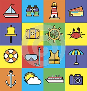 Sea cruise travel or summer ocean vacation vector flat icons