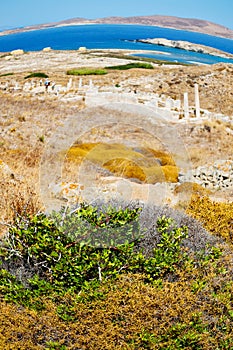 sea in delos greece the historycal acropolis and old ruin site