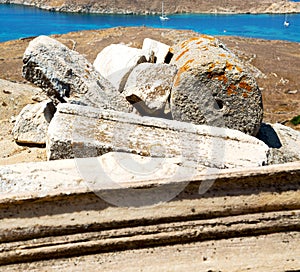 sea in delos greece the historycal acropolis and old ruin site