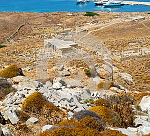 sea in delos greece the historycal acropolis and old ruin site