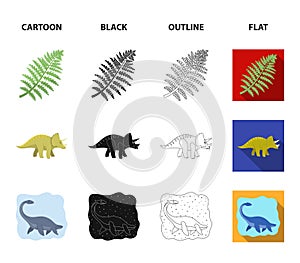 Sea dinosaur,triceratops, prehistoric plant, human skull. Dinosaur and prehistoric period set collection icons in