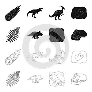Sea dinosaur,triceratops, prehistoric plant, human skull. Dinosaur and prehistoric period set collection icons in black