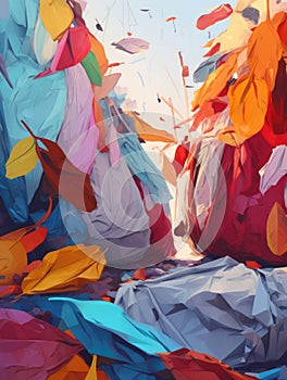 A sea of discarded plastic bags their vibrant colors cascading along with the crisp autumn breeze.. AI generation