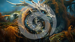 Sea dragon with glowing eyes. Head of Fantasy Monster in blue water. Creature in the ocean. Fairy tale beast. AI