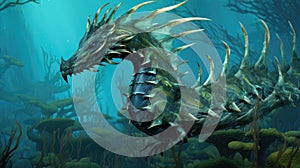 Sea dragon with glowing eyes. Head of Fantasy Monster in blue water. Creature in the ocean. Fairy tale beast. AI