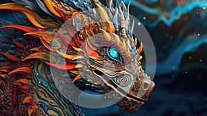 Sea dragon with glowing eyes. Head of Fantasy Monster in blue water. Creature in the ocean. Fairy tale beast. AI