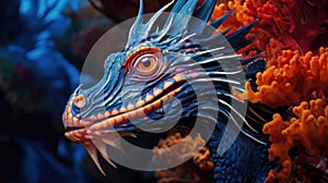 Sea dragon with glowing eyes. Head of Fantasy Monster in blue water. Creature in the ocean. Fairy tale beast. AI