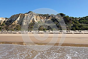 Sea and dunes at Playa de Rompeculos beach in Mazagon, Spain