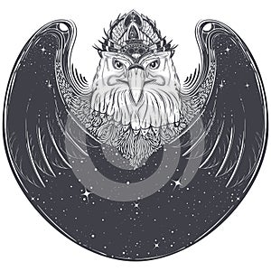 Sea eagle head with pagan runic symbols