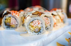 Sea eel sushi rolls on a plate