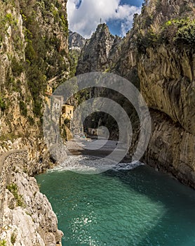The sea enters the fjord at Fiordo di Furore on the Amalfi coast, Italy photo